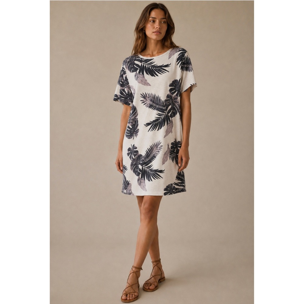 Old Navy T-Shirt Dress XL White Gray Tropical Palm Leaf Short Sleeve Summer Boho